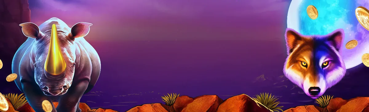 Bizzo Casino banner with a rhino, a wolf and gold coins over a purple desert scene